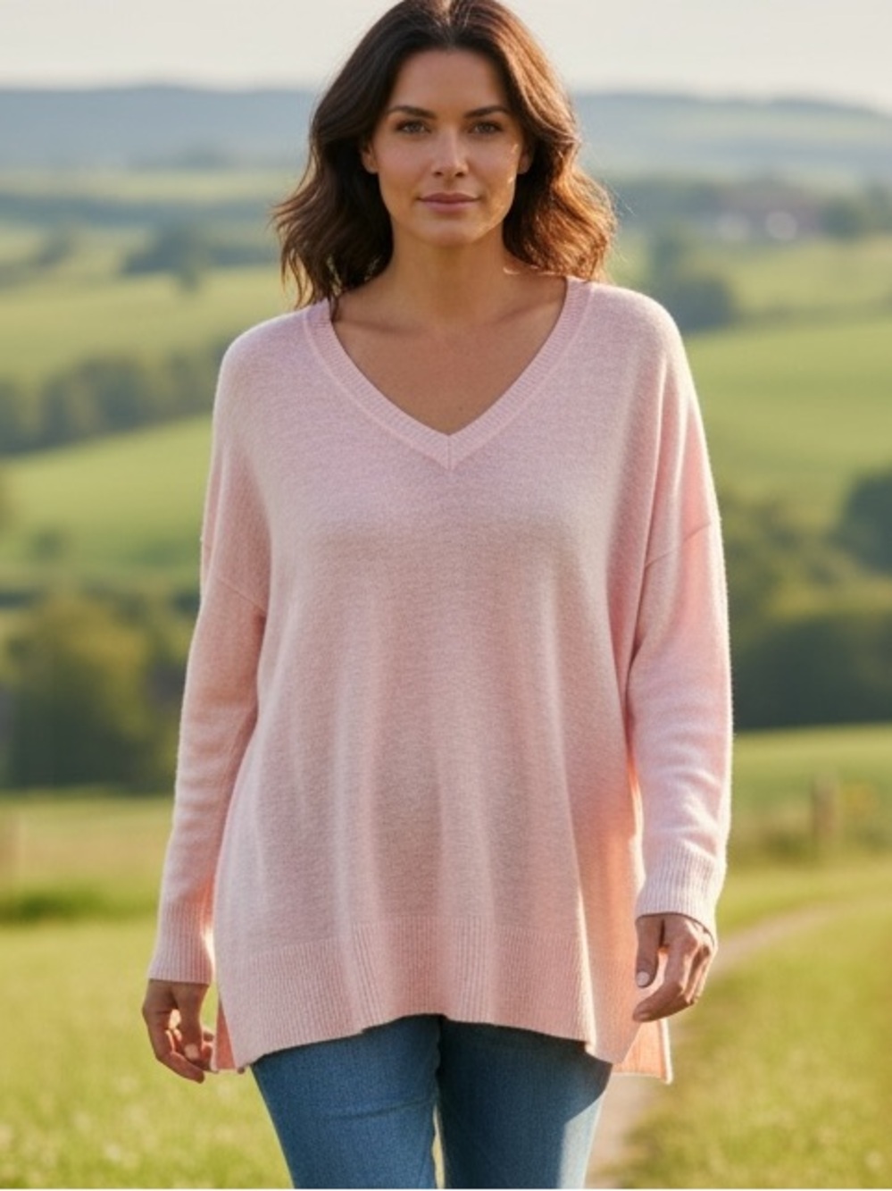 EILEEN FISHER linen knit top oversized small, light pink salmon color, vneck